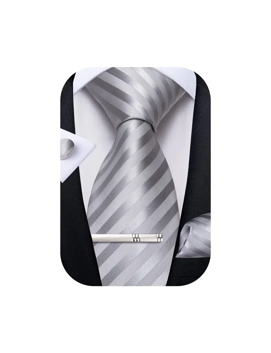DiBanGu Silver and Grey Silk Necktie Set with Pocket Square, Cufflinks & Tie Clip | 157 cm (62 in) Length - main product image