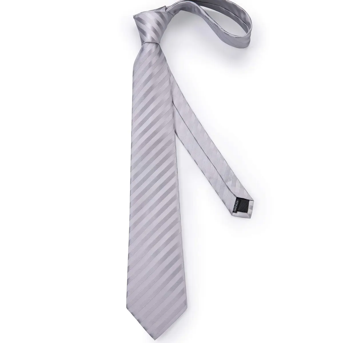 DiBanGu Silver and Grey Silk Necktie Set with Pocket Square, Cufflinks & Tie Clip | 157 cm (62 in) Length - view 5