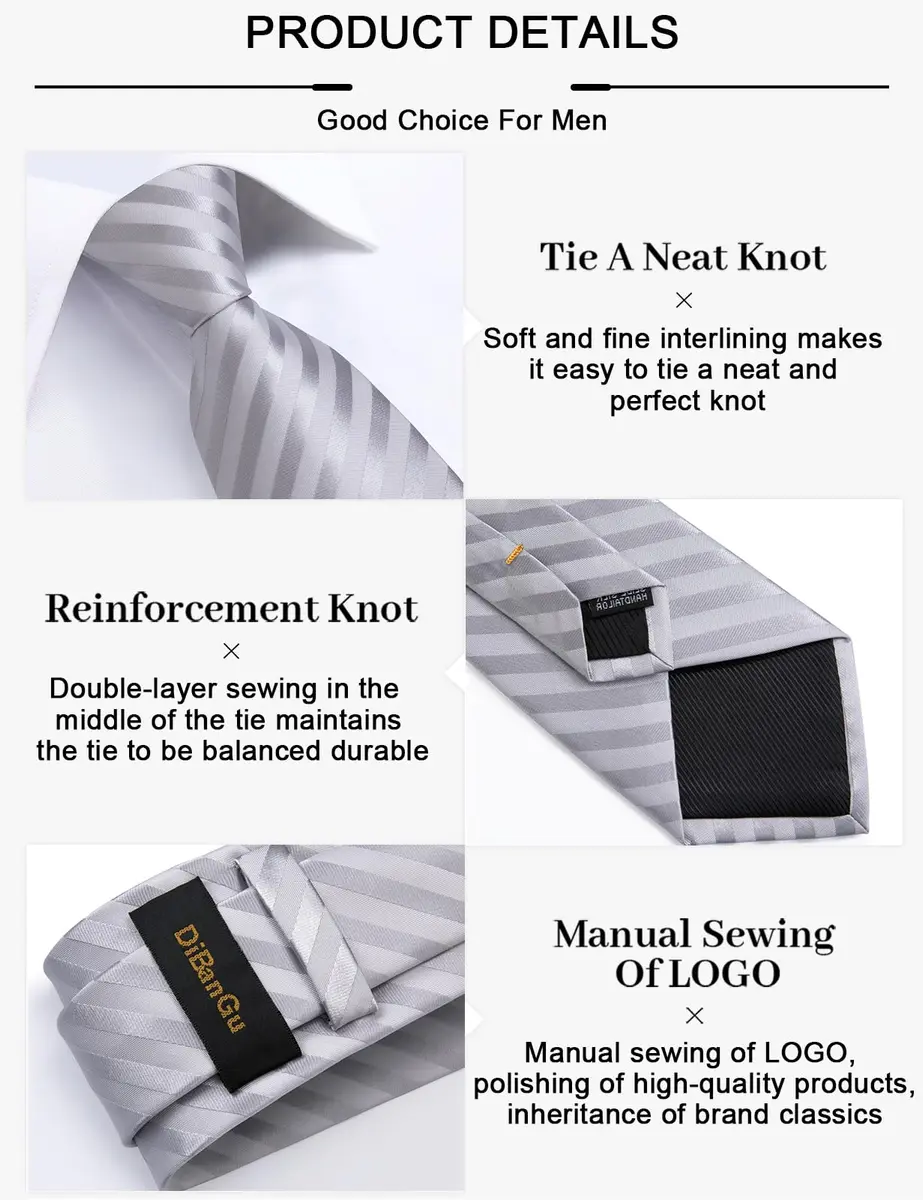 DiBanGu Silver and Grey Silk Necktie Set with Pocket Square, Cufflinks & Tie Clip | 157 cm (62 in) Length - view 6