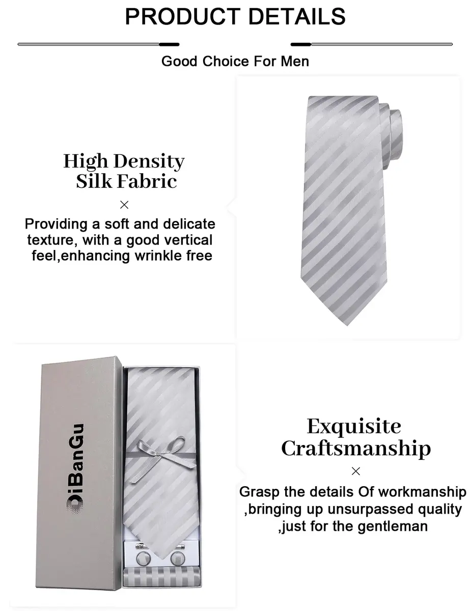 DiBanGu Silver and Grey Silk Necktie Set with Pocket Square, Cufflinks & Tie Clip | 157 cm (62 in) Length - view 7