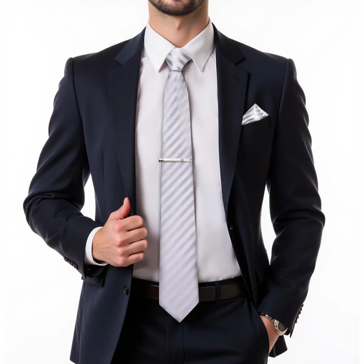 DiBanGu Silver and Grey Silk Necktie Set with Pocket Square, Cufflinks & Tie Clip | 157 cm (62 in) Length - view 2