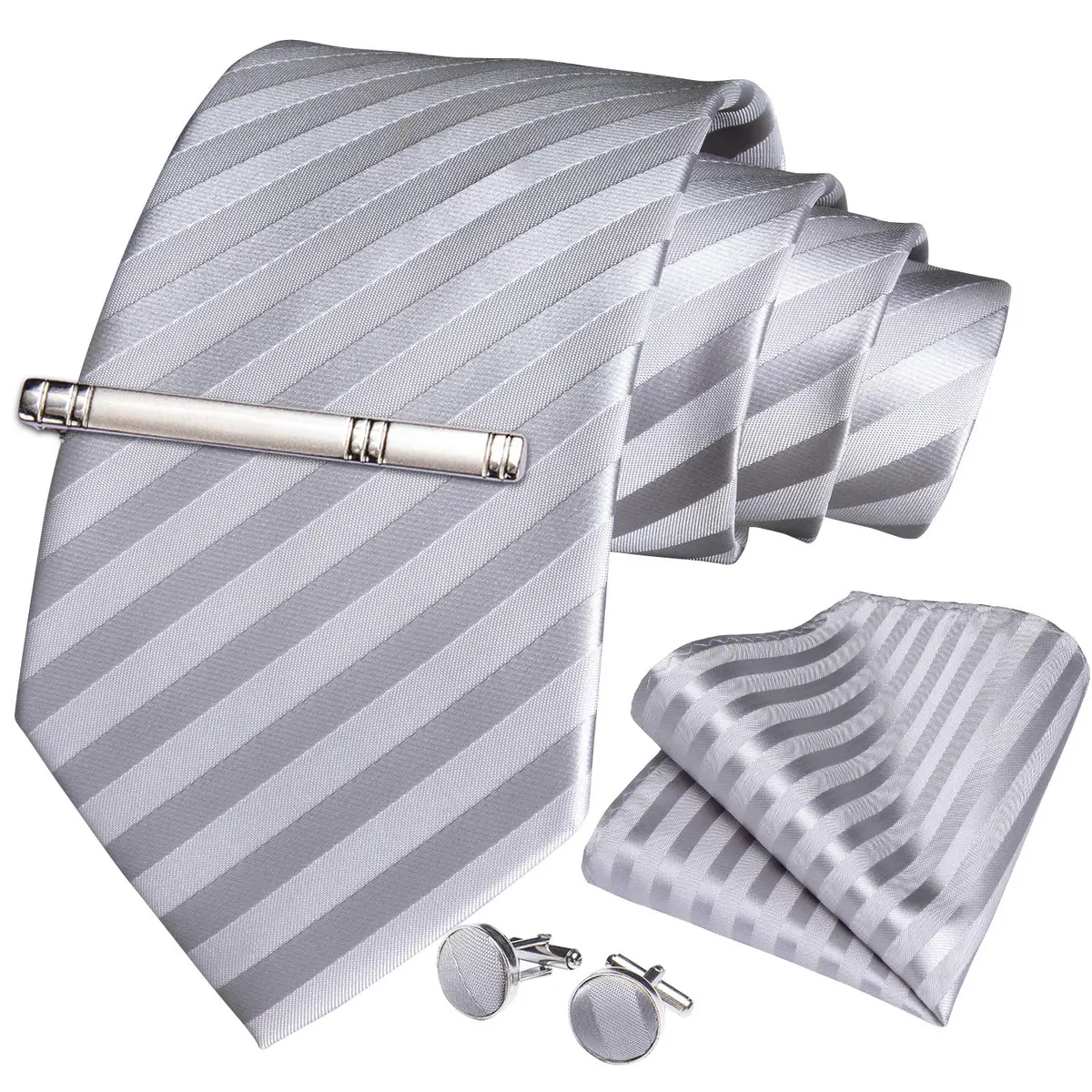 DiBanGu Silver and Grey Silk Necktie Set with Pocket Square, Cufflinks & Tie Clip | 157 cm (62 in) Length - view 3