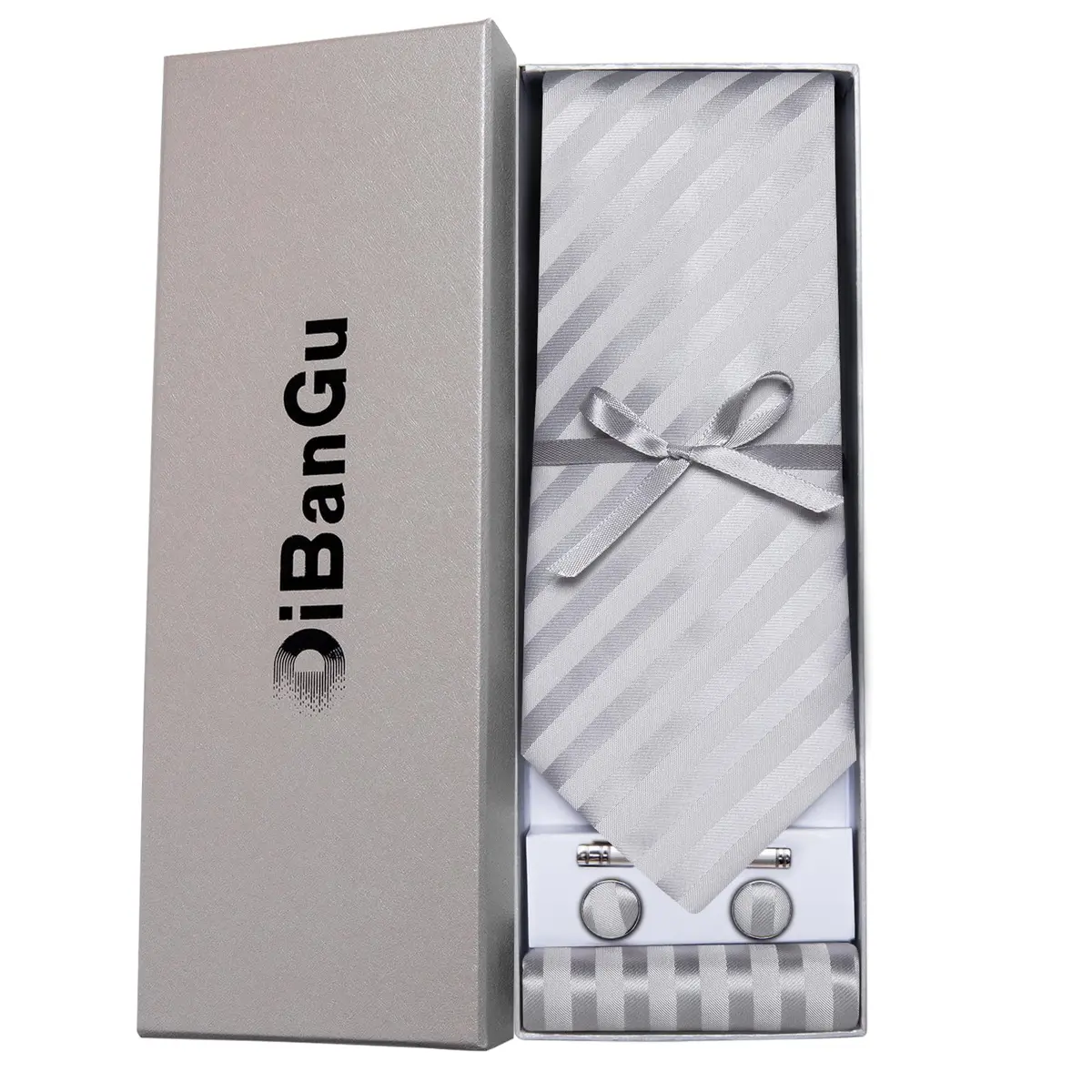 DiBanGu Silver and Grey Silk Necktie Set with Pocket Square, Cufflinks & Tie Clip | 157 cm (62 in) Length - view 4
