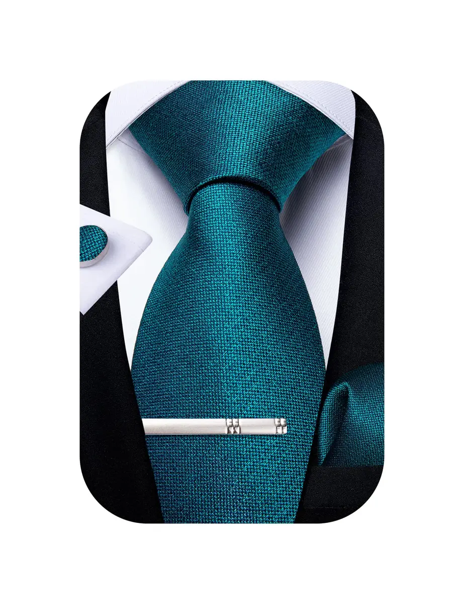 DiBanGu Teal Silk Necktie Set with Pocket Square, Cufflinks & Tie Clip | 150cm (59") x 8cm (3.15") - main product image