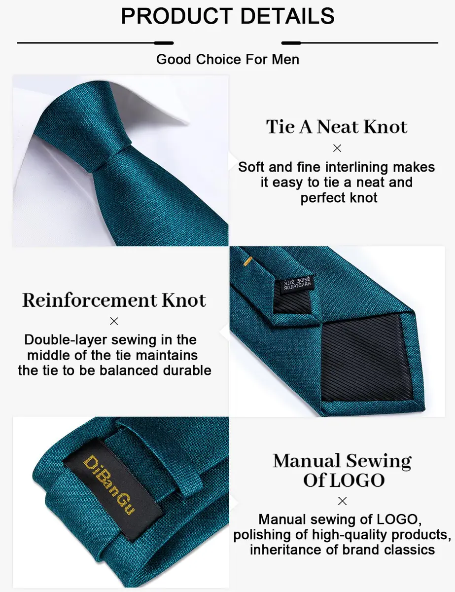 DiBanGu Teal Silk Necktie Set with Pocket Square, Cufflinks & Tie Clip | 150cm (59") x 8cm (3.15") - view 6