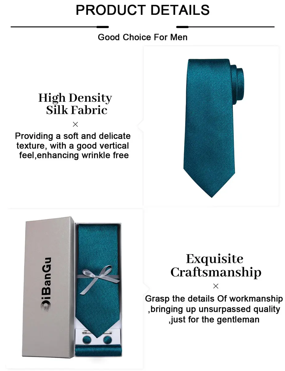 DiBanGu Teal Silk Necktie Set with Pocket Square, Cufflinks & Tie Clip | 150cm (59") x 8cm (3.15") - view 7