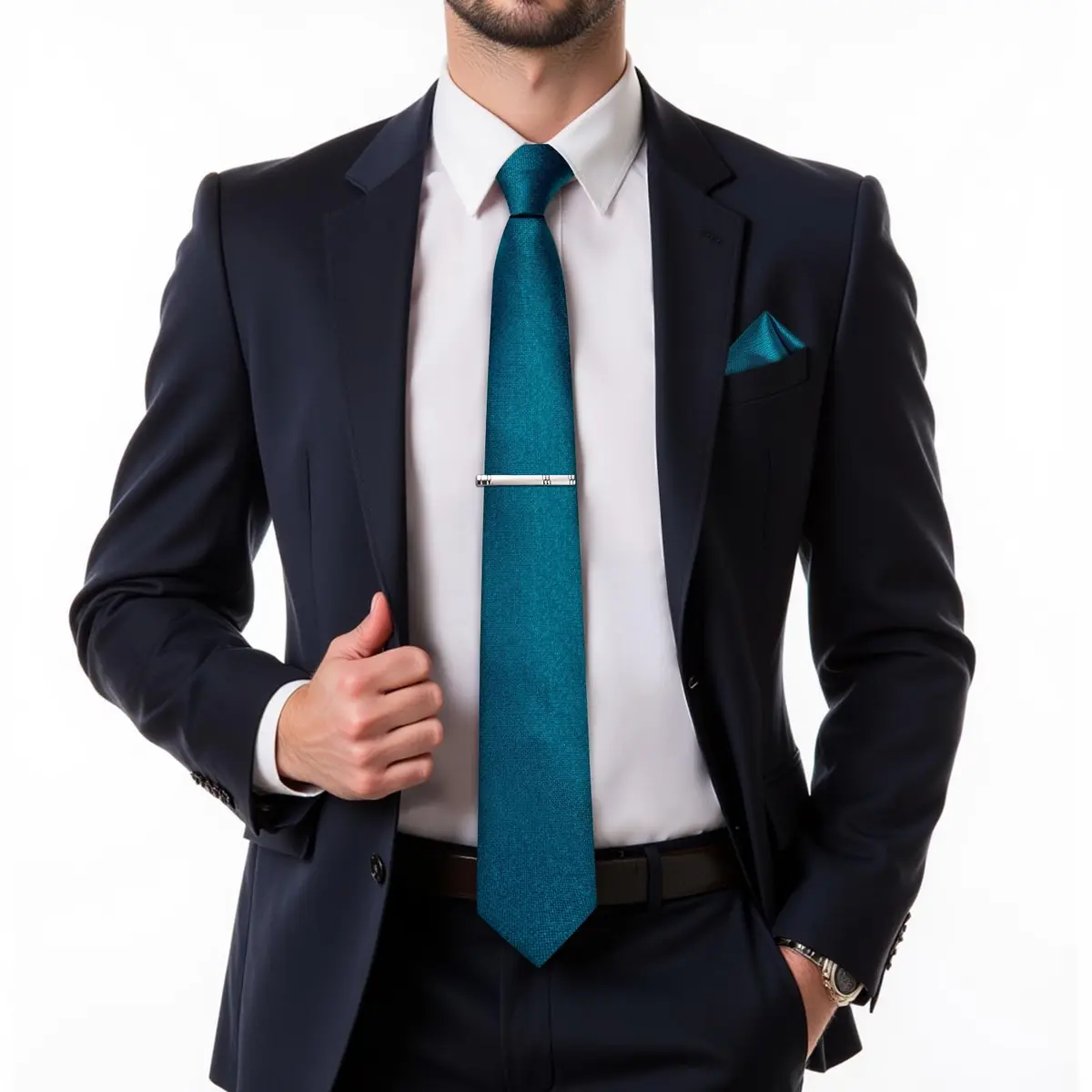DiBanGu Teal Silk Necktie Set with Pocket Square, Cufflinks & Tie Clip | 150cm (59") x 8cm (3.15") - view 2