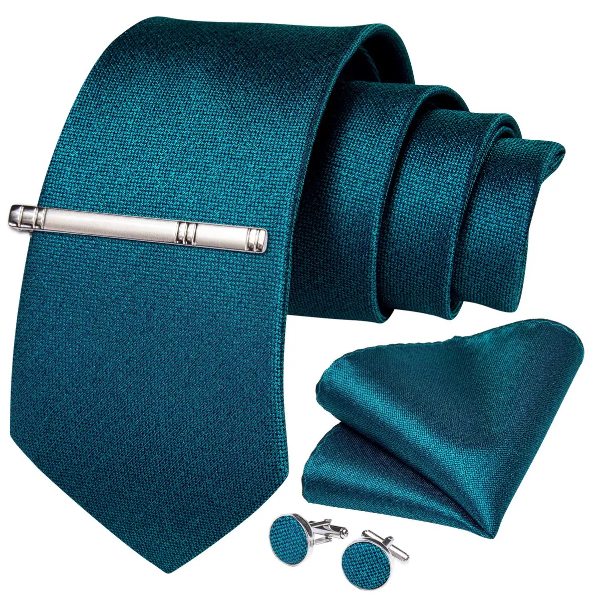 DiBanGu Teal Silk Necktie Set with Pocket Square, Cufflinks & Tie Clip | 150cm (59") x 8cm (3.15") - view 3