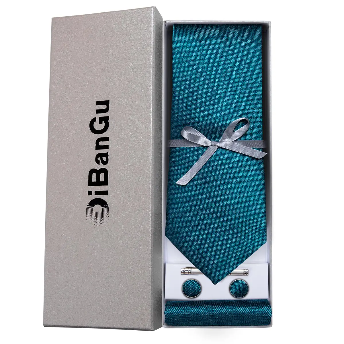 DiBanGu Teal Silk Necktie Set with Pocket Square, Cufflinks & Tie Clip | 150cm (59") x 8cm (3.15") - view 4