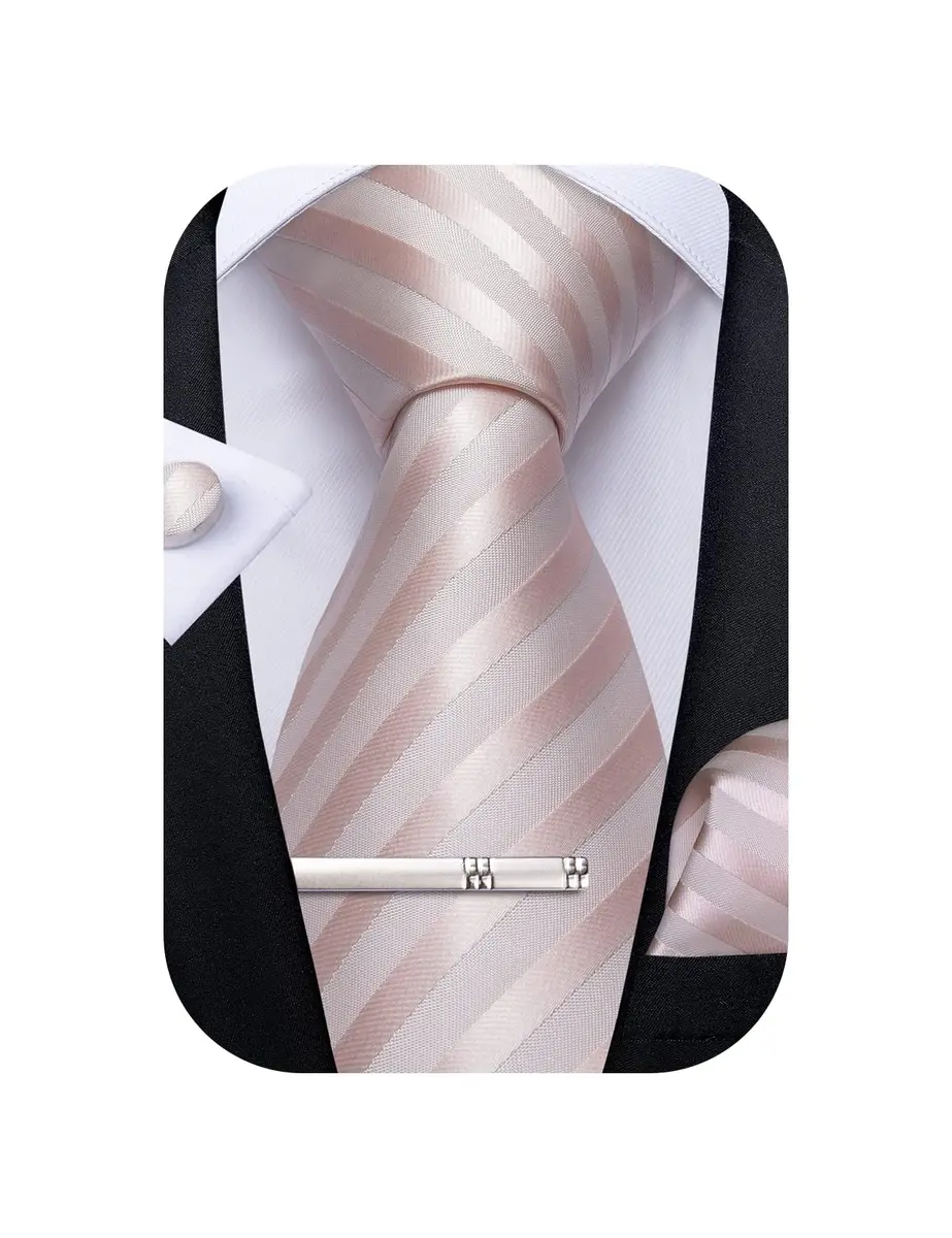 DiBanGu Men's Silk Necktie Set with Pocket Square, Cufflinks & Tie Clip - Blush Pink - main product image