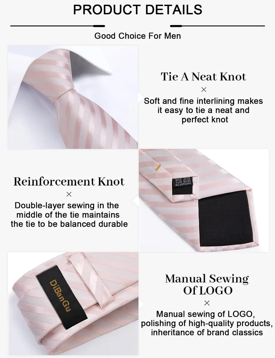 DiBanGu Men's Silk Necktie Set with Pocket Square, Cufflinks & Tie Clip - Blush Pink - view 6