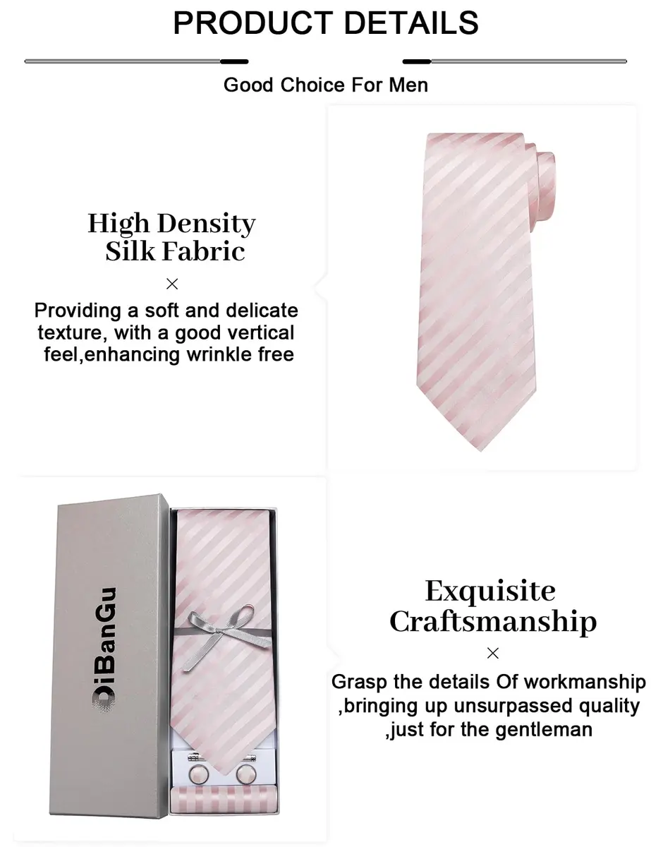 DiBanGu Men's Silk Necktie Set with Pocket Square, Cufflinks & Tie Clip - Blush Pink - view 7