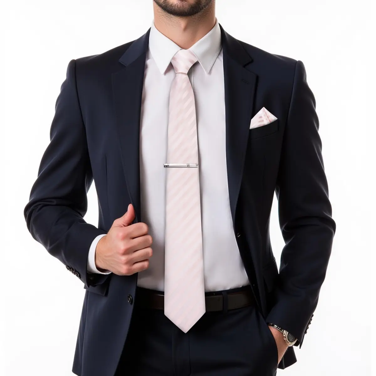 DiBanGu Men's Silk Necktie Set with Pocket Square, Cufflinks & Tie Clip - Blush Pink - view 2