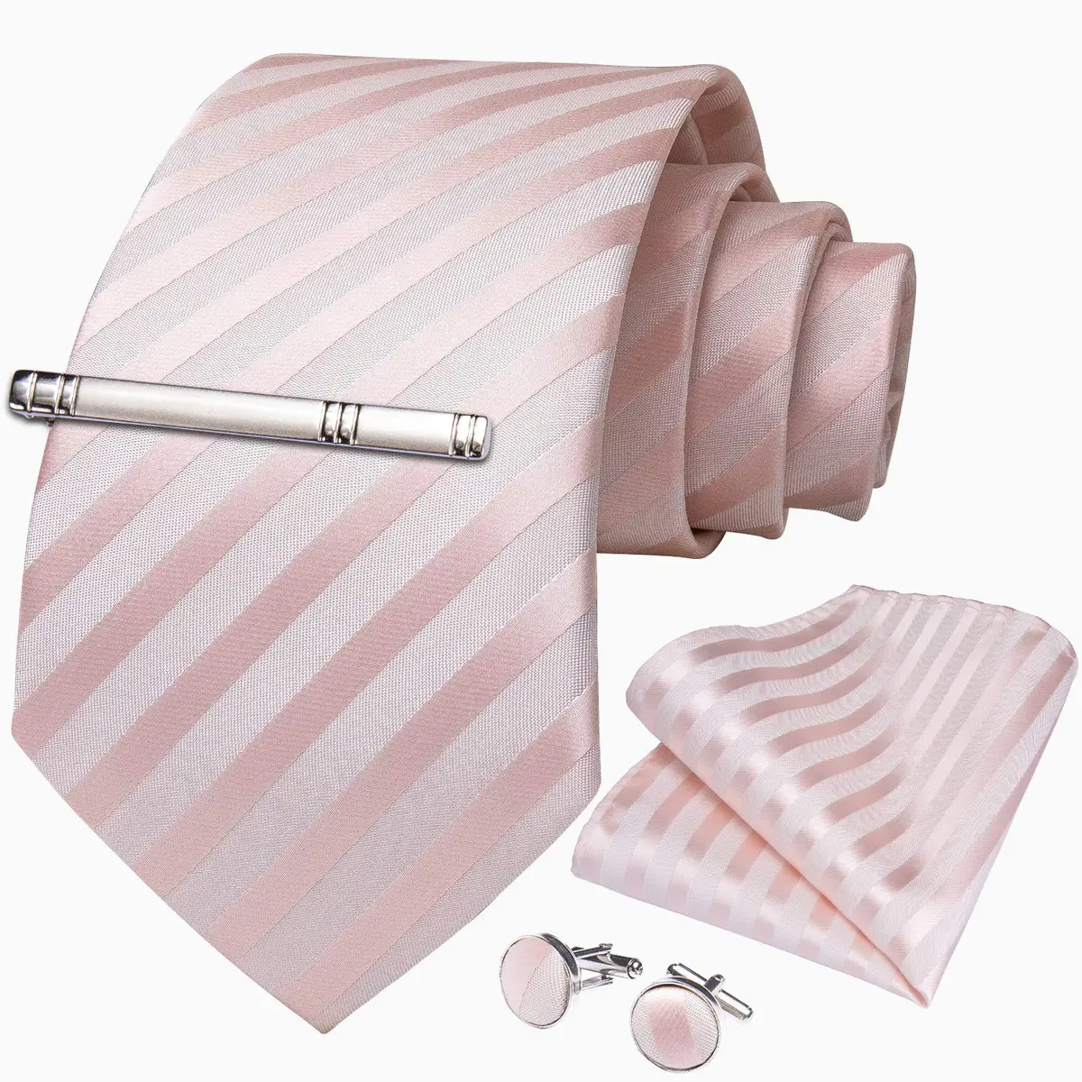 DiBanGu Men's Silk Necktie Set with Pocket Square, Cufflinks & Tie Clip - Blush Pink - view 3