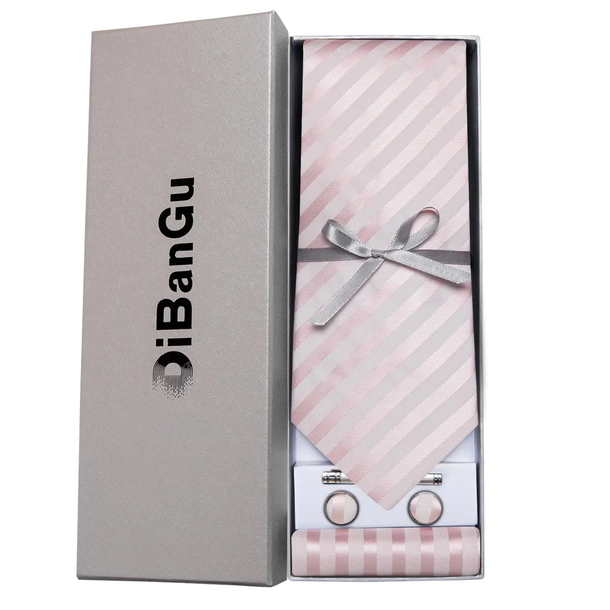 DiBanGu Men's Silk Necktie Set with Pocket Square, Cufflinks & Tie Clip - Blush Pink - view 4
