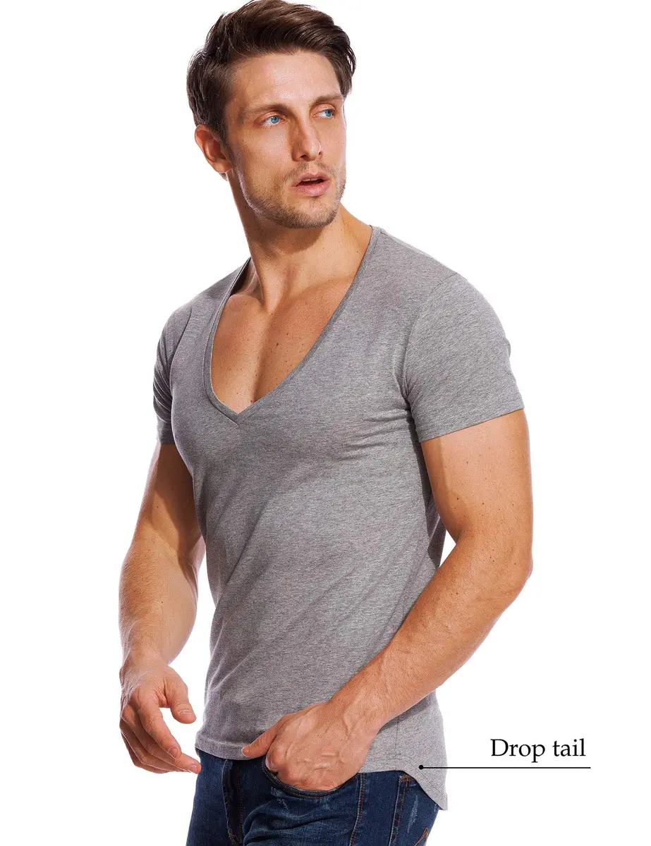Zecmos Men's Deep V Neck T-Shirt Slim Fit Undershirt Gray XXL | Breathable Cotton for Daily Wear - view 4