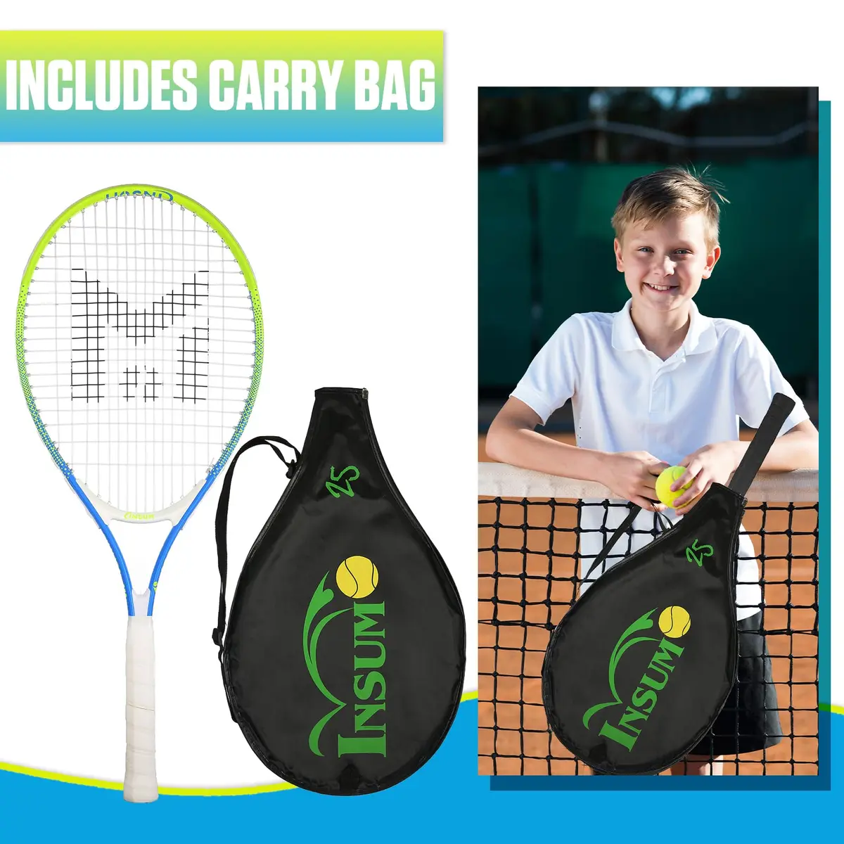 INSUM Junior Tennis Racket 25 Inch (63.5 cm) | Ages 9-10, Lightweight Aluminum, Beginner Racquet with Cover - view 5