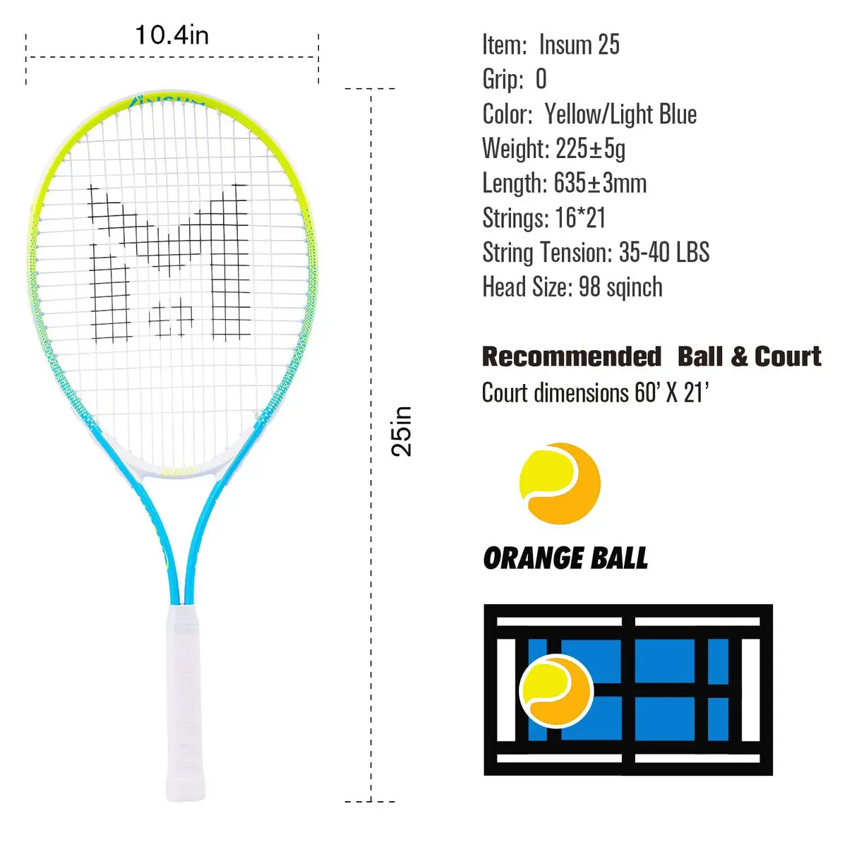 INSUM Junior Tennis Racket 25 Inch (63.5 cm) | Ages 9-10, Lightweight Aluminum, Beginner Racquet with Cover - view 7