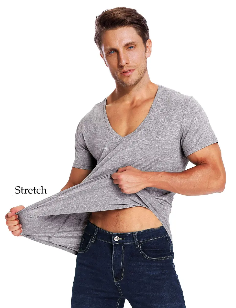 Zecmos Men's Deep V Neck T-Shirt Slim Fit 100% Cotton Gray XL | Lightweight Undershirt for India - view 3
