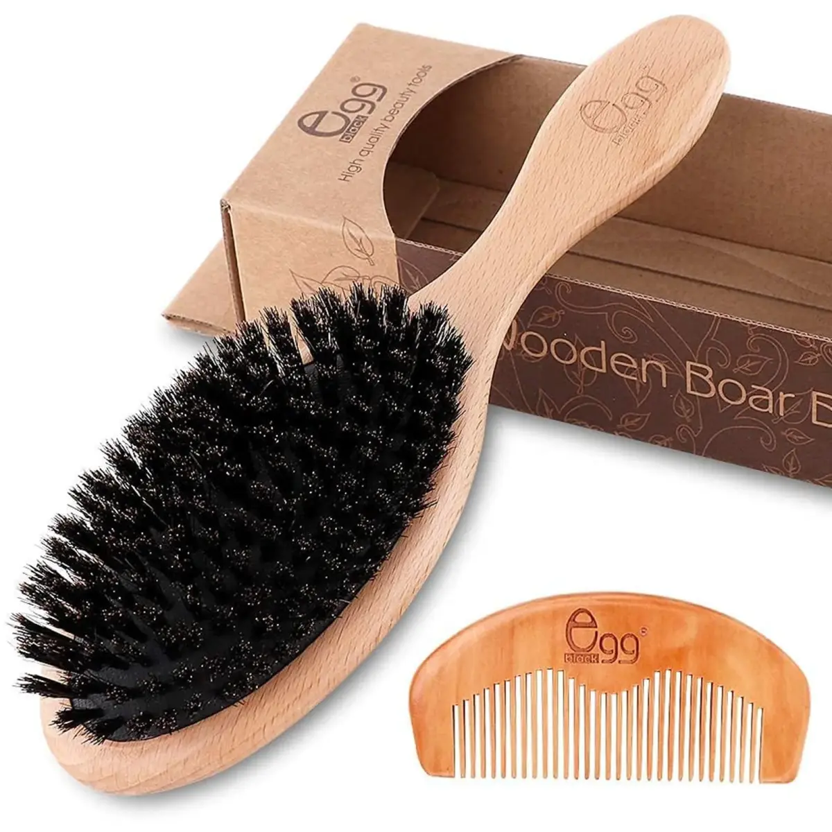 BLACK EGG Boar Bristle Hair Brush for Thin Fine Hair | Natural Bristles, Beech Wood Handle, Oval Shape - main product image