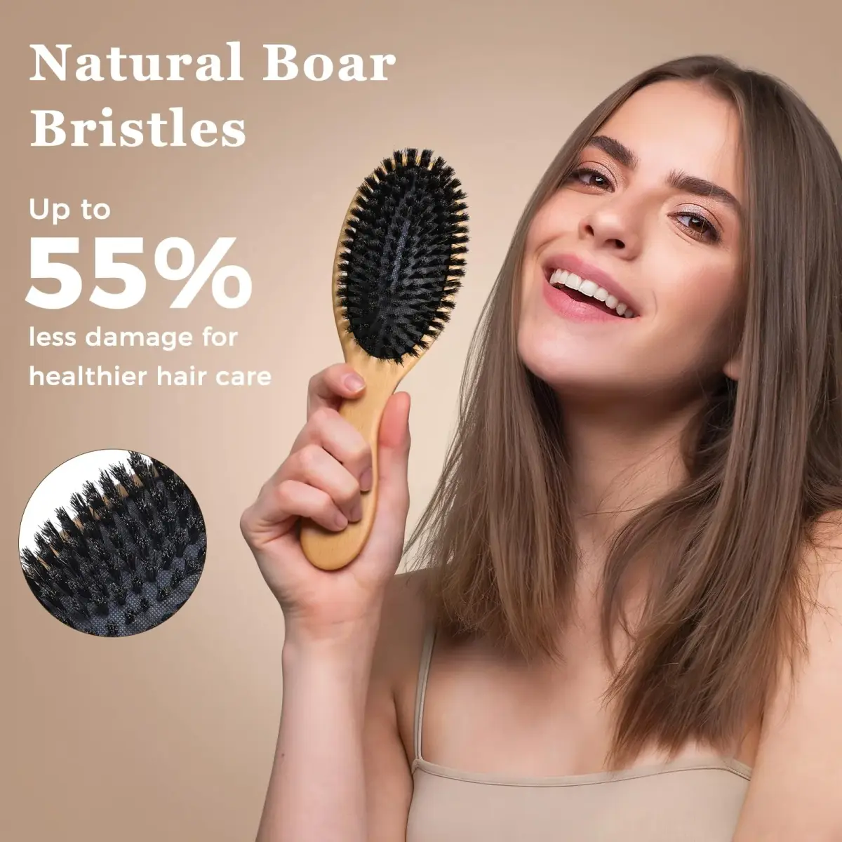 BLACK EGG Boar Bristle Hair Brush for Thin Fine Hair | Natural Bristles, Beech Wood Handle, Oval Shape - view 2