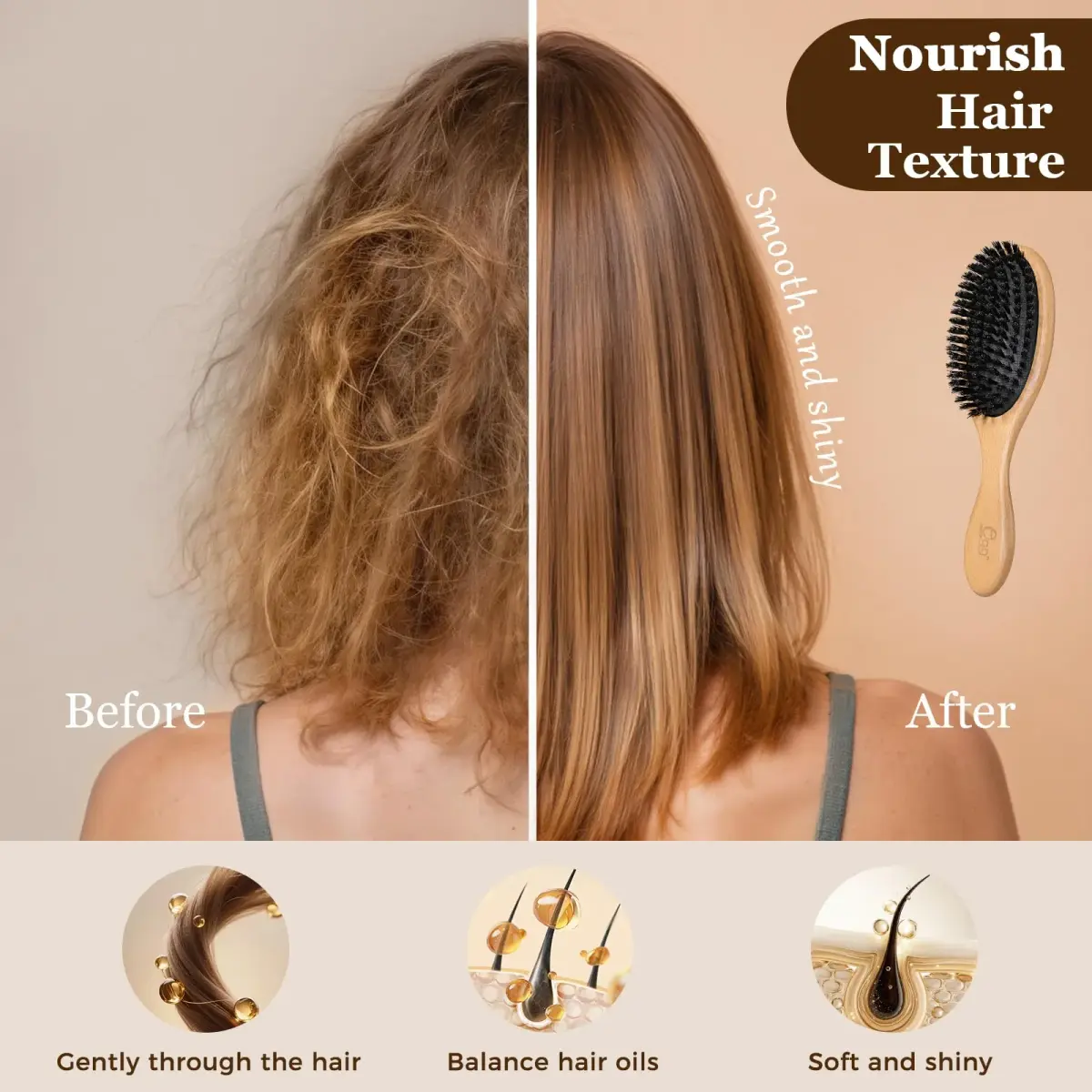 BLACK EGG Boar Bristle Hair Brush for Thin Fine Hair | Natural Bristles, Beech Wood Handle, Oval Shape - view 3