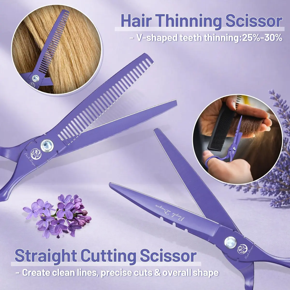 Purple Dragon 6 in Hair Cutting Scissors Kit with Bag for Barbers - Violet | Razor Sharp Japanese Steel, Ergonomic Handle, 5.5" - view 4