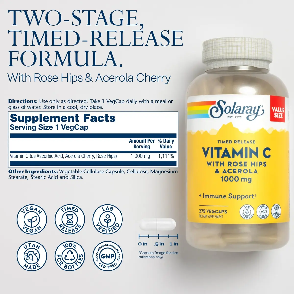 SOLARAY Vitamin C 1000 mg | Timed Release Capsules for Immune & Heart Support, 275 VegCaps - view 2