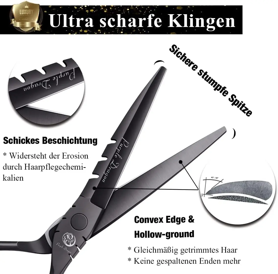Purple Dragon 5.5 inch Hair Cutting Shears Set with Bag for Barbers - Black | Japanese 440C Steel Razor Sharp Blades - view 2
