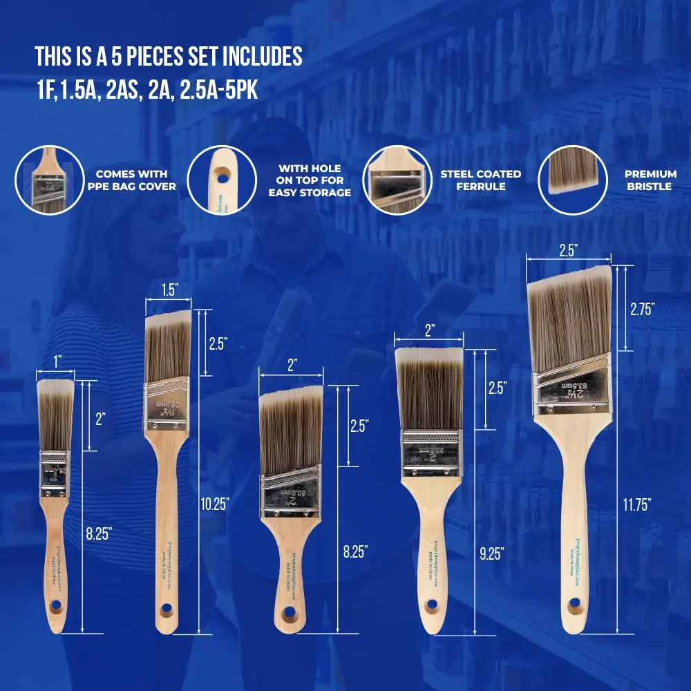 Pro Grade Paint Brushes Set for Walls, Trim & Stain, 5-Piece | Professional Grade Synthetic Bristle Brushes with Softwood Handles - view 2