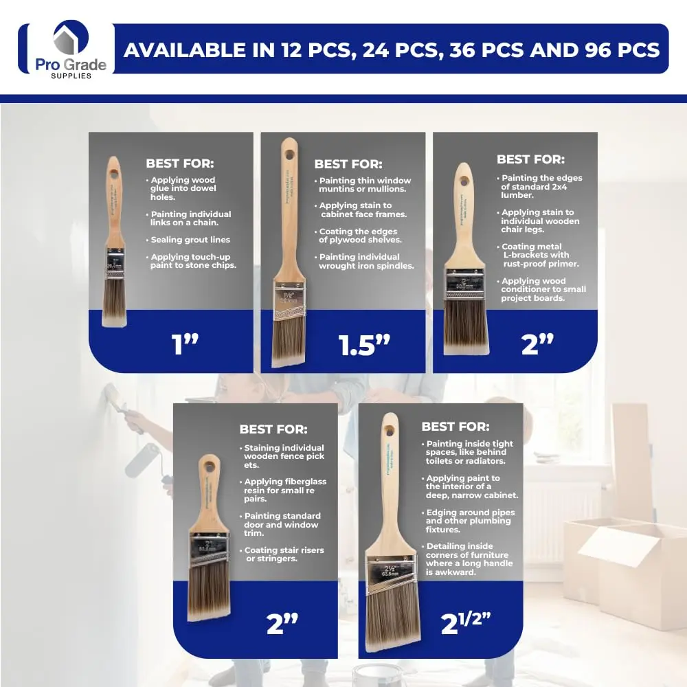 Pro Grade Paint Brushes Set for Walls, Trim & Stain, 5-Piece | Professional Grade Synthetic Bristle Brushes with Softwood Handles - view 3