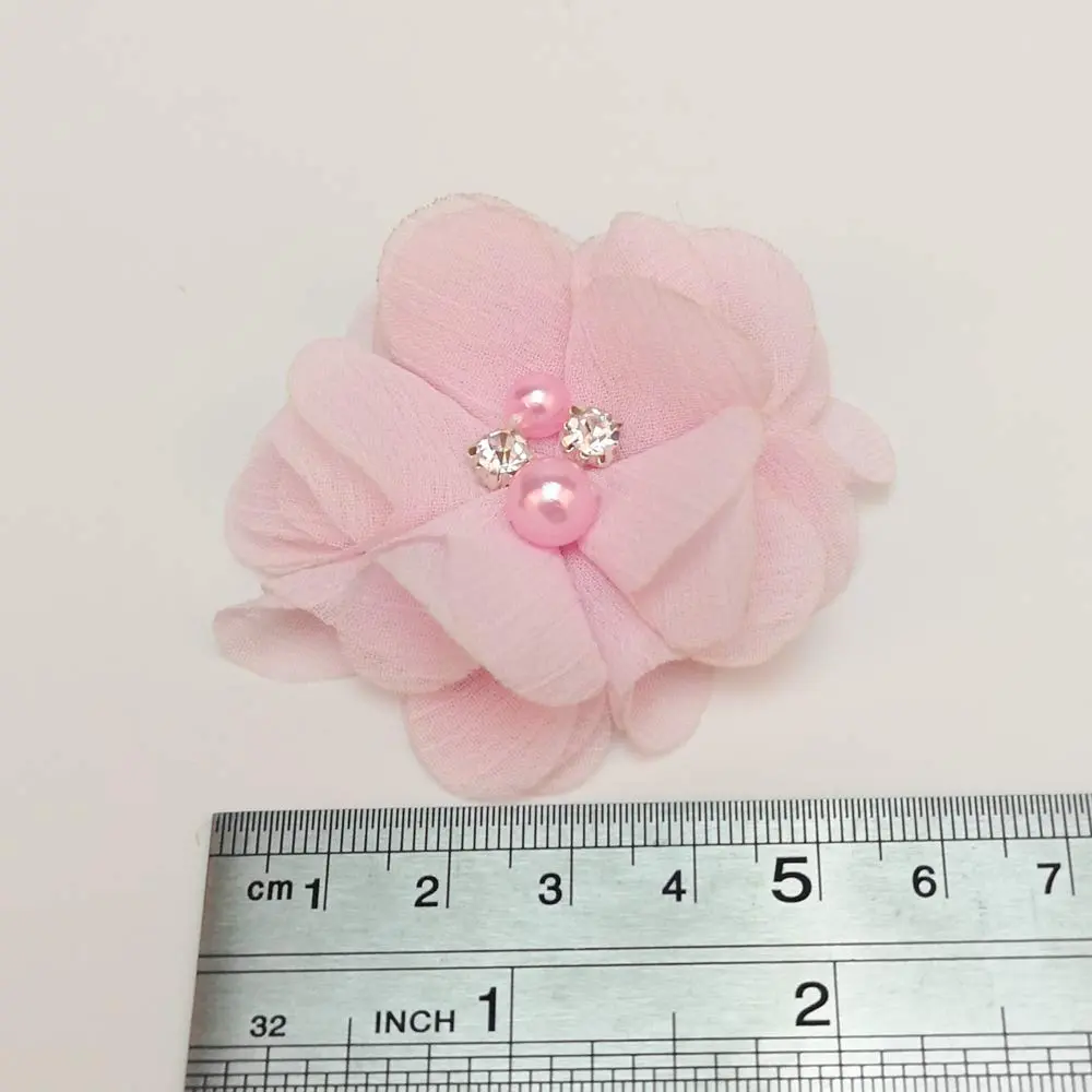 Chenkou Craft Pack of 12pcs Chiffon Flowers Ribbon Bows W/Beads 60mm | Wedding Decor Bulk Lots - main product image