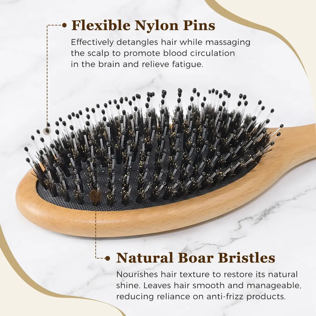 BLACK EGG Boar Bristle Brush for Wet/Dry Hair - Smoothing, Massaging, Detangling, Reduce Frizz, Restore Shine - Bamboo Brush for Women, Men, Kids - view 2
