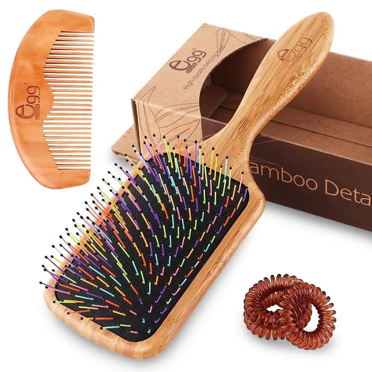 BLACK EGG Paddle Detangling Hair Brush for Women & Girls | Rainbow Nylon Bristles, Bamboo Handle, Includes Comb & Ties (22.5cm / 8.8in) - main product image