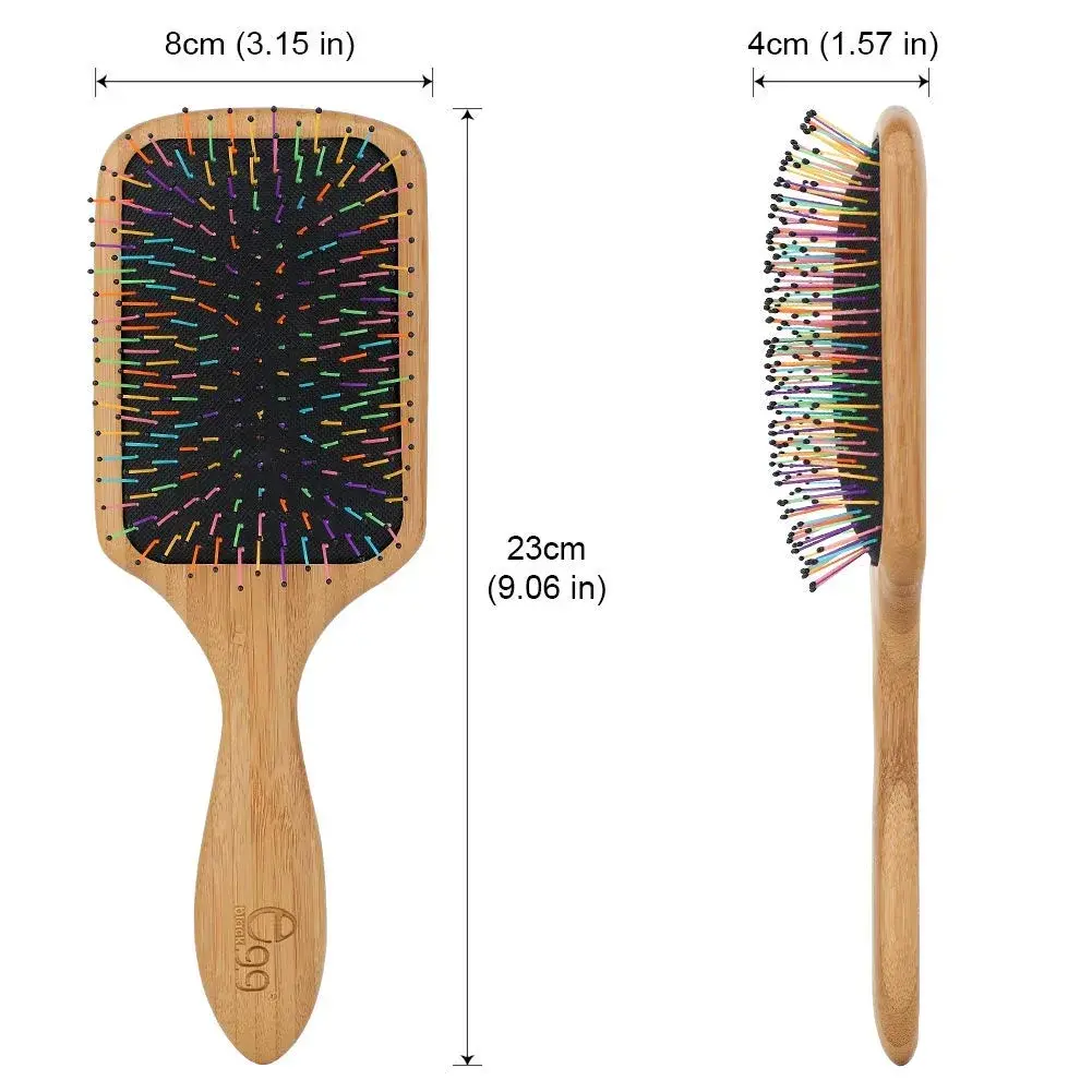 BLACK EGG Paddle Detangling Hair Brush for Women & Girls | Rainbow Nylon Bristles, Bamboo Handle, Includes Comb & Ties (22.5cm / 8.8in) - view 5