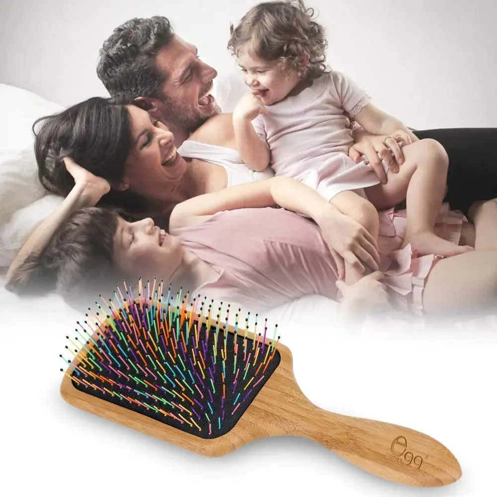 BLACK EGG Paddle Detangling Hair Brush for Women & Girls | Rainbow Nylon Bristles, Bamboo Handle, Includes Comb & Ties (22.5cm / 8.8in) - view 7