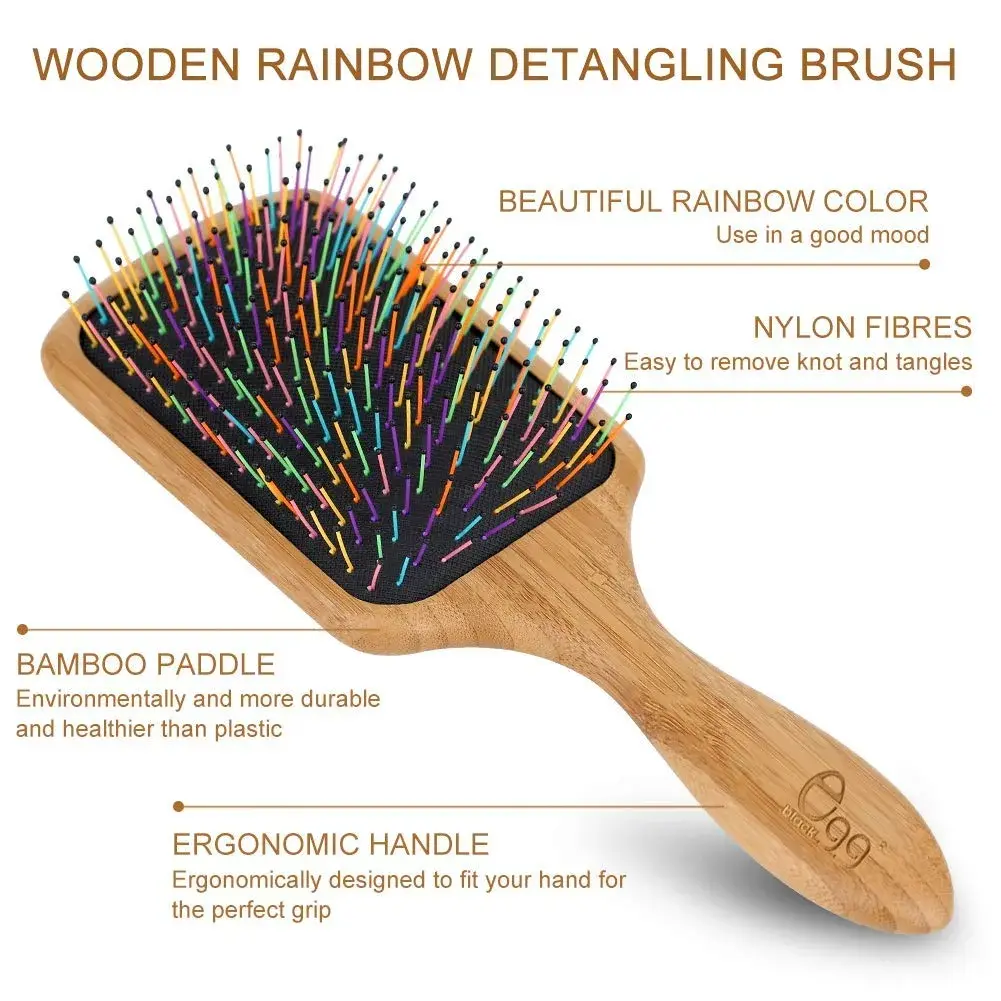 BLACK EGG Paddle Detangling Hair Brush for Women & Girls | Rainbow Nylon Bristles, Bamboo Handle, Includes Comb & Ties (22.5cm / 8.8in) - view 3