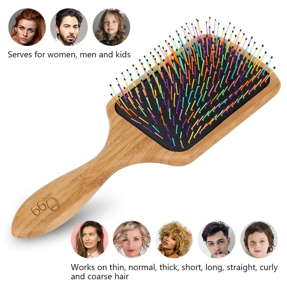 BLACK EGG Paddle Detangling Hair Brush for Women & Girls | Rainbow Nylon Bristles, Bamboo Handle, Includes Comb & Ties (22.5cm / 8.8in) - view 4