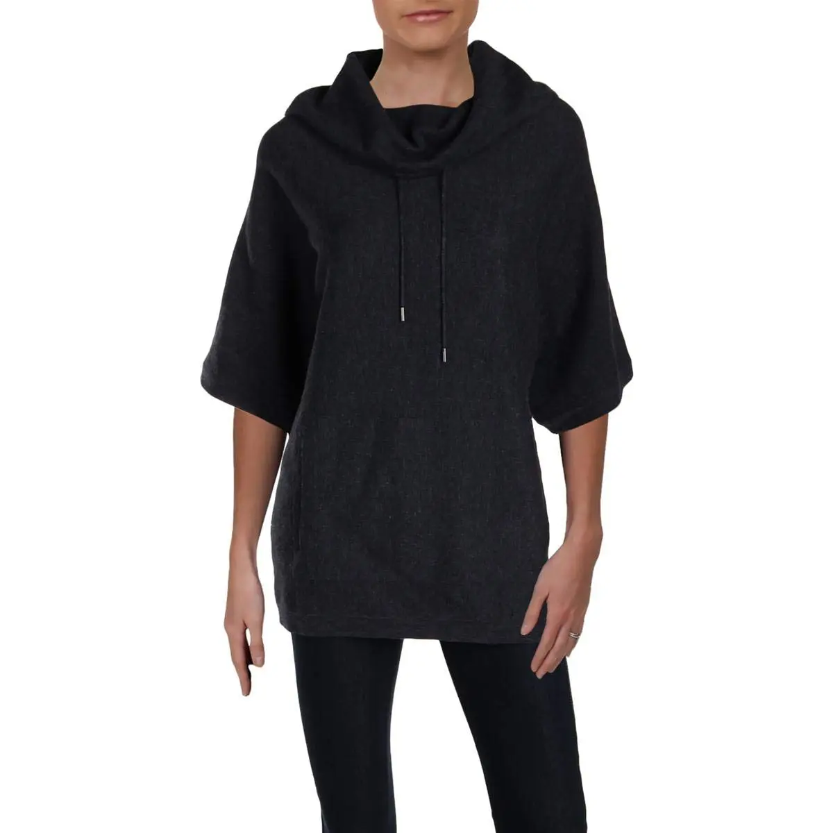 Anne Klein Women's Cowl Neck Pullover Sweater, Denim Heather, S | Modern Cotton Knit with Patch Pocket - main product image
