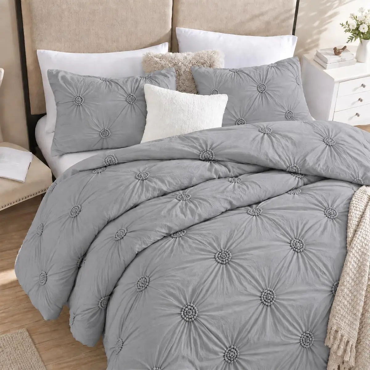 Swift Home King Comforter Set, Ruched 3D Floral Pintuck, Gray | Elegant 3-Piece Bedding - main product image