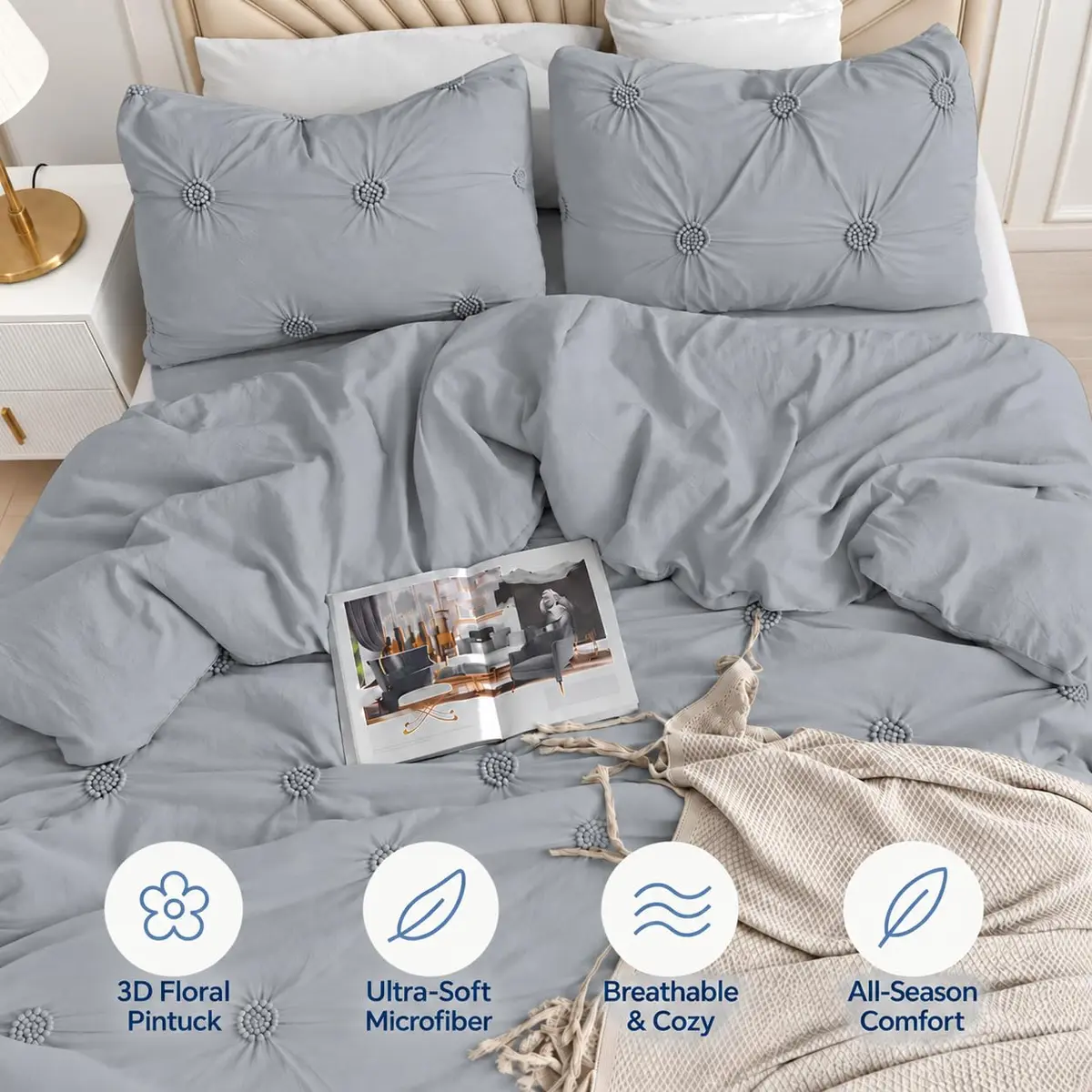 Swift Home King Comforter Set, Ruched 3D Floral Pintuck, Gray | Elegant 3-Piece Bedding - view 6