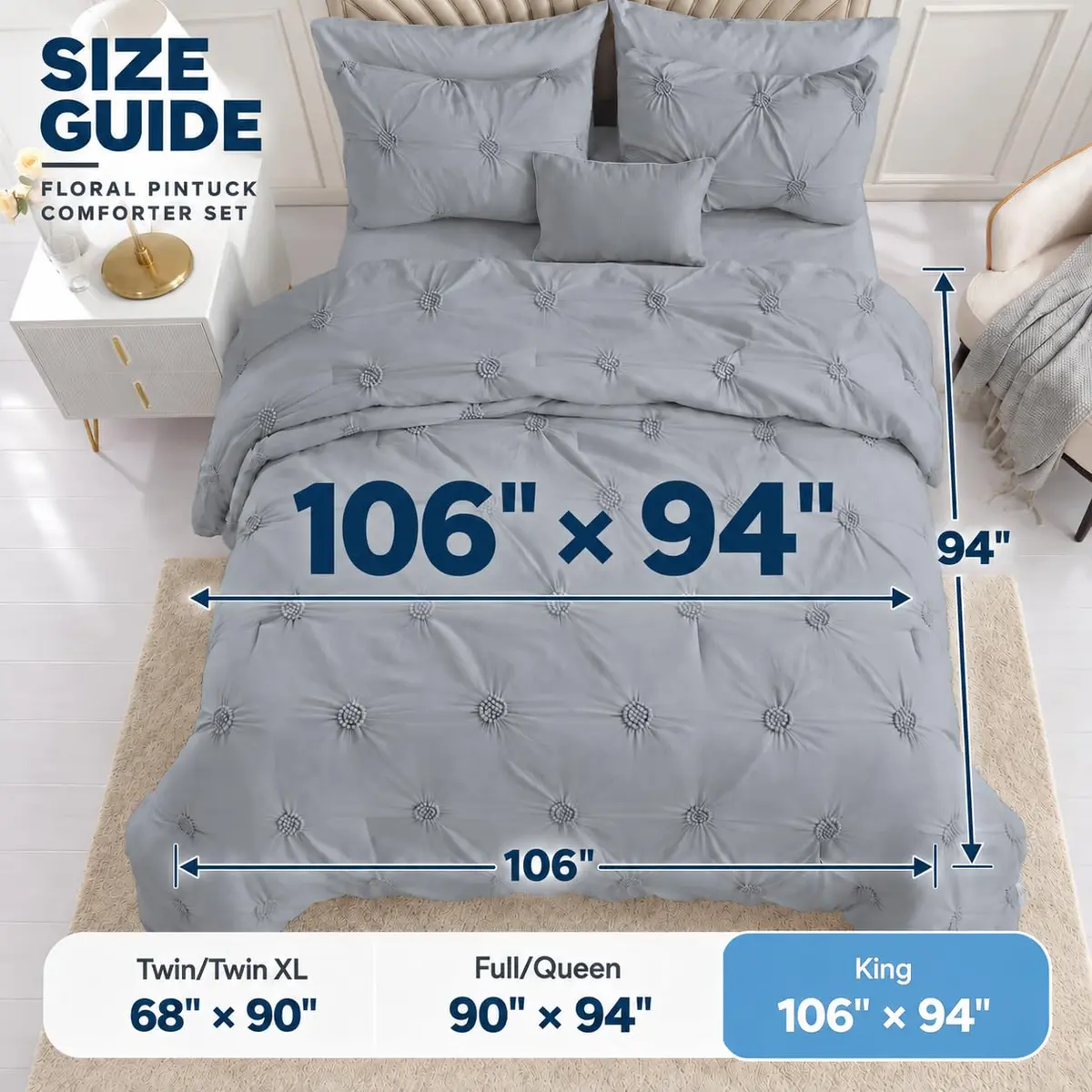 Swift Home King Comforter Set, Ruched 3D Floral Pintuck, Gray | Elegant 3-Piece Bedding - view 7