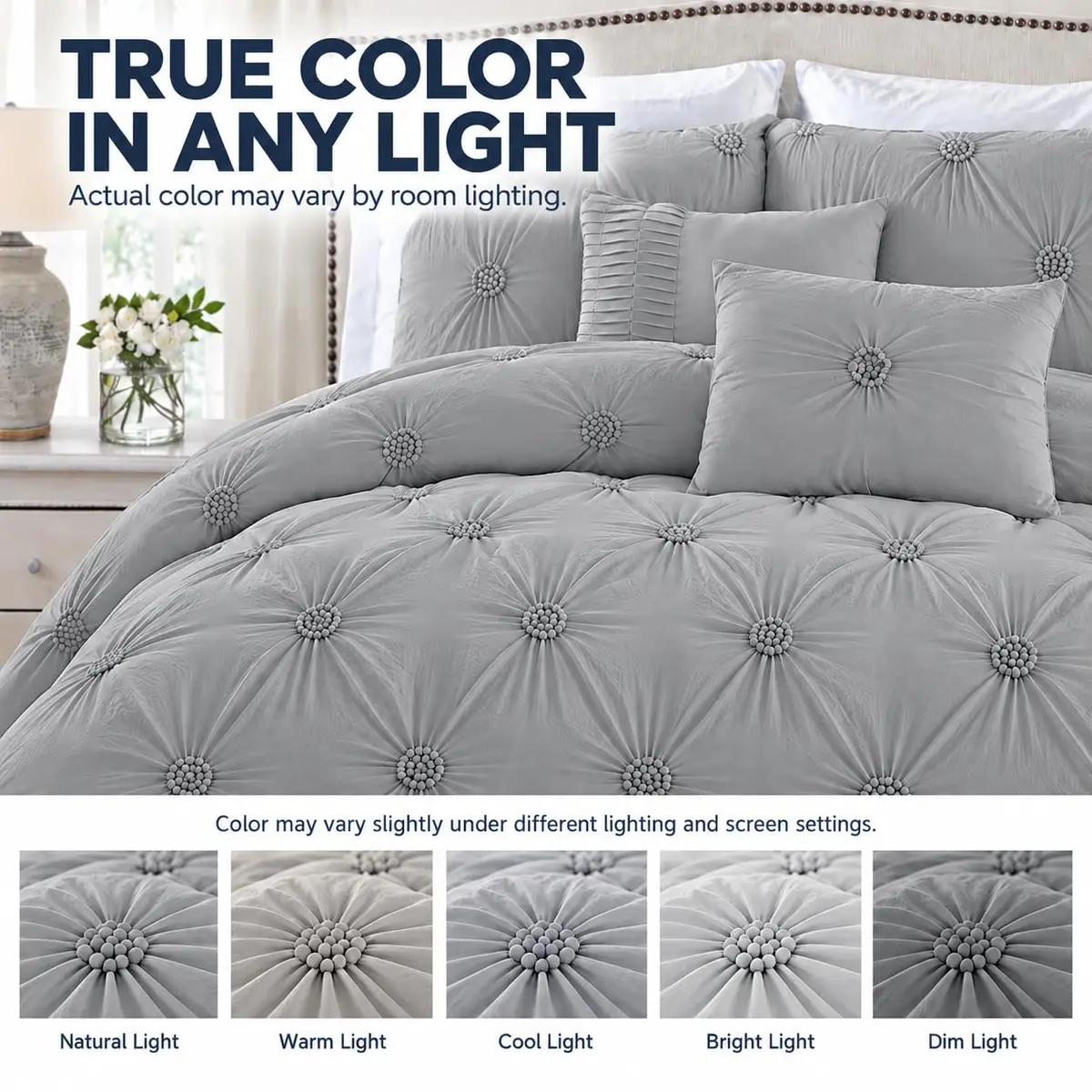 Swift Home King Comforter Set, Ruched 3D Floral Pintuck, Gray | Elegant 3-Piece Bedding - view 8