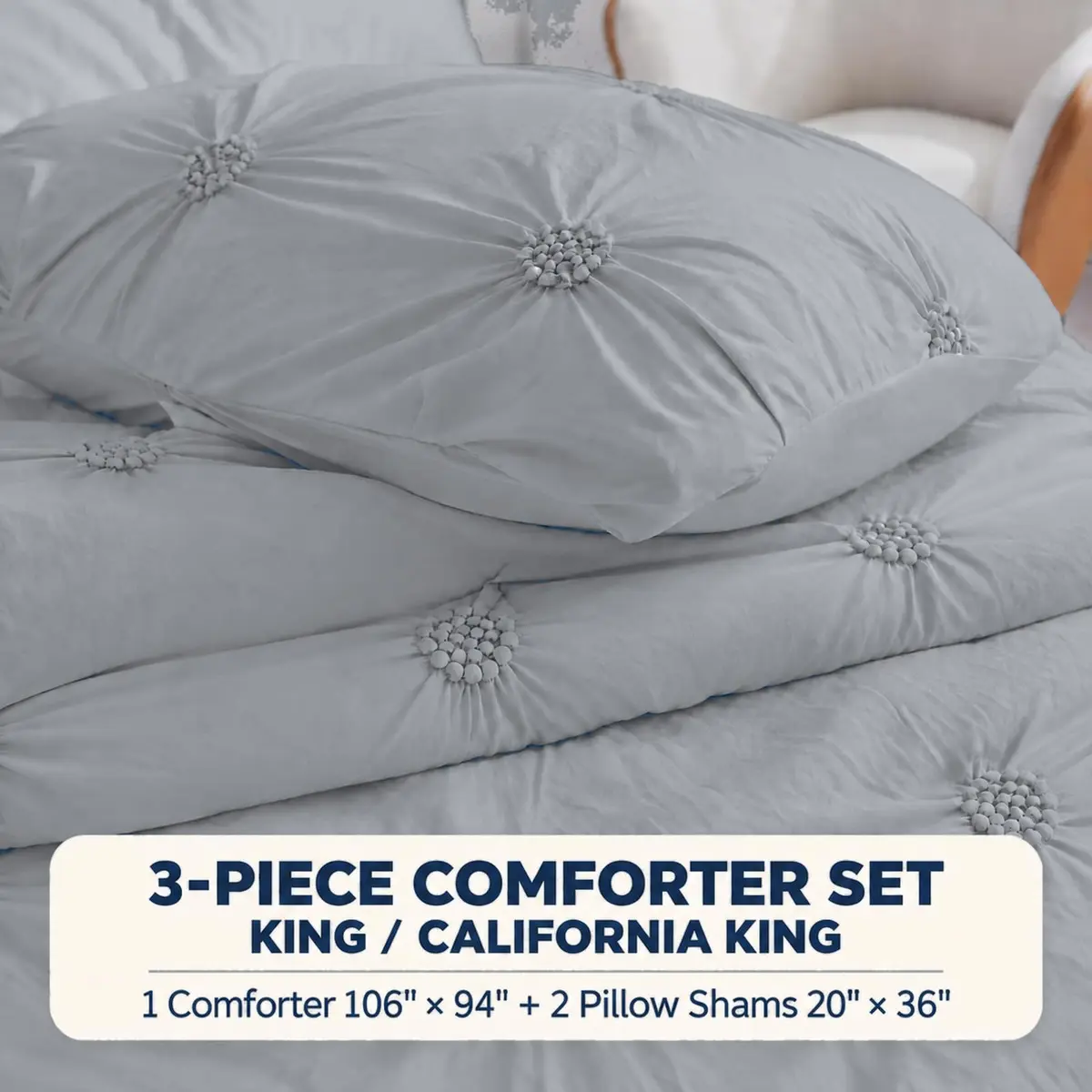 Swift Home King Comforter Set, Ruched 3D Floral Pintuck, Gray | Elegant 3-Piece Bedding - view 2