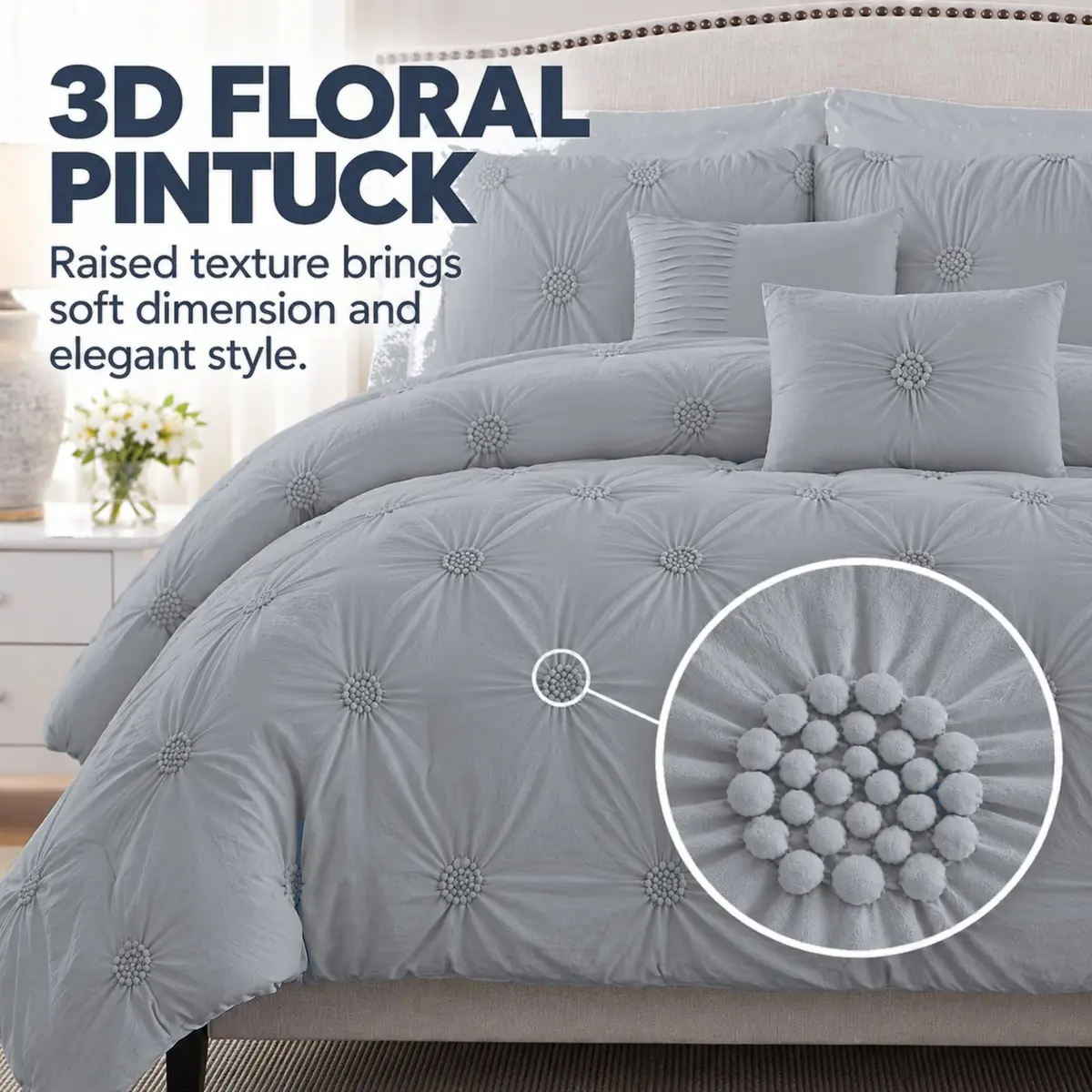 Swift Home King Comforter Set, Ruched 3D Floral Pintuck, Gray | Elegant 3-Piece Bedding - view 3