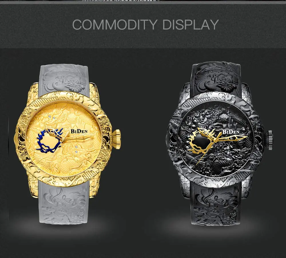 MASTOP Men's Fashion Big Dial 3D Sculpture Dragon Watch 50mm | Quartz, Gold - view 5