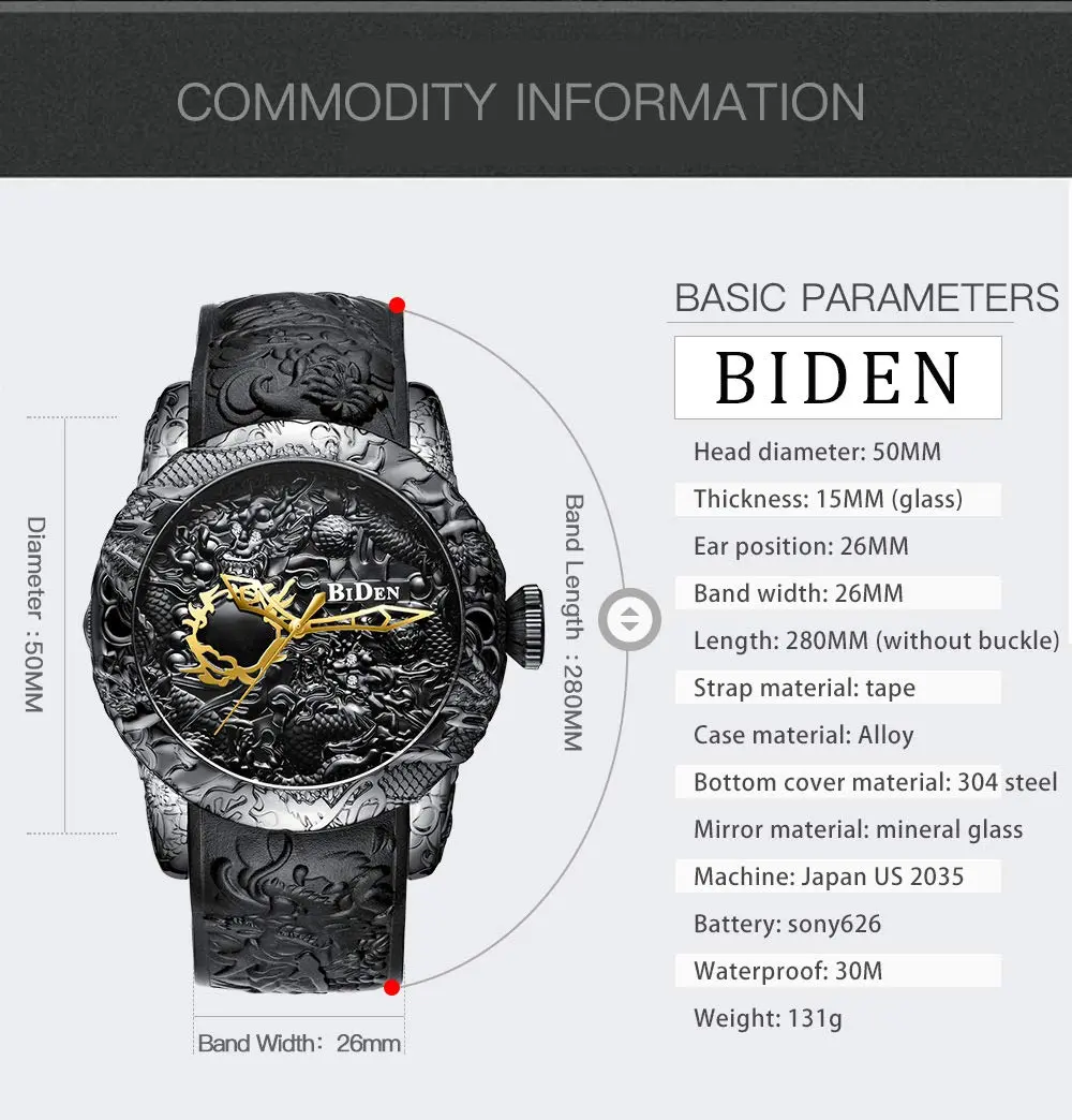 MASTOP Men's Fashion Big Dial 3D Sculpture Dragon Watch 50mm | Quartz, Gold - view 6