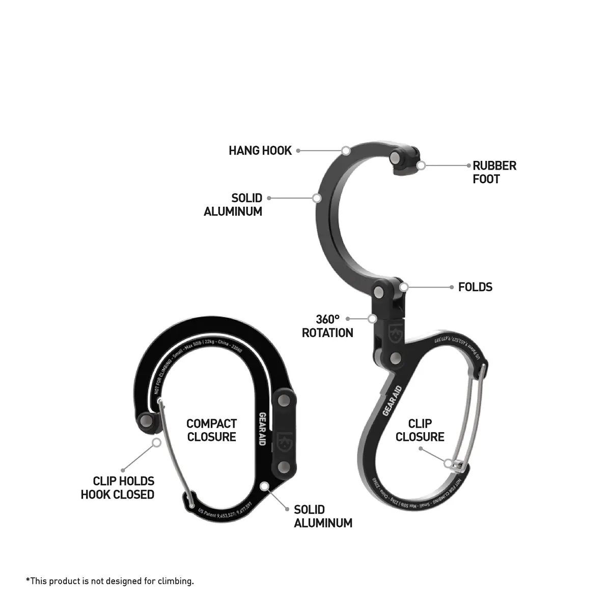 GEAR AID Heroclip Small Carabiner Clip and Hook | Stealth Black, 31g (1.1 oz) - view 3
