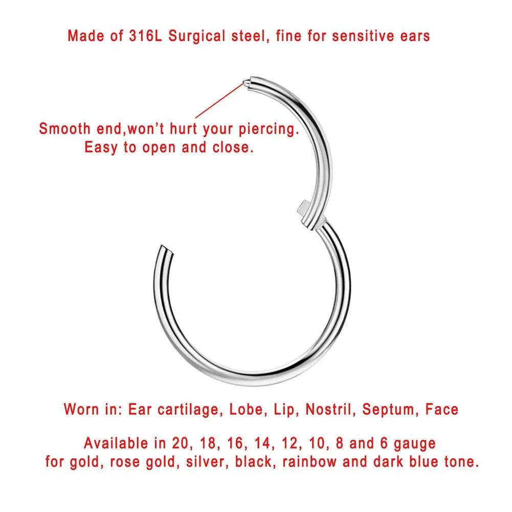 FANSING Silver Septum Hoop 16G 8mm | Hypoallergenic Cartilage Earring Hoops - view 2