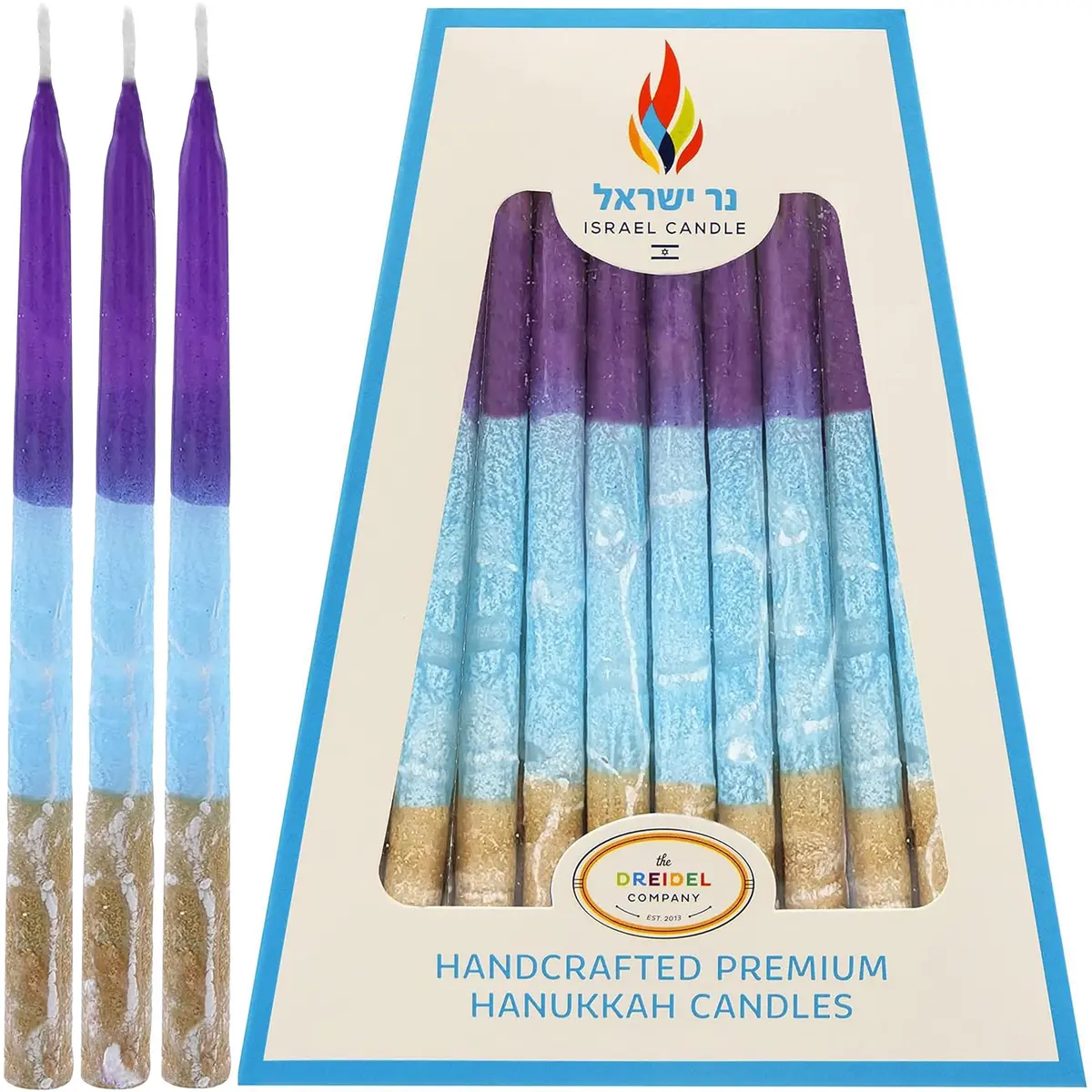 Israel Candle Dripless Hanukkah Candles 45 Purple Blue & Gold Frosted Stripes | 3/8” Diameter, 5.5” Long, 60+ Min Burn - main product image